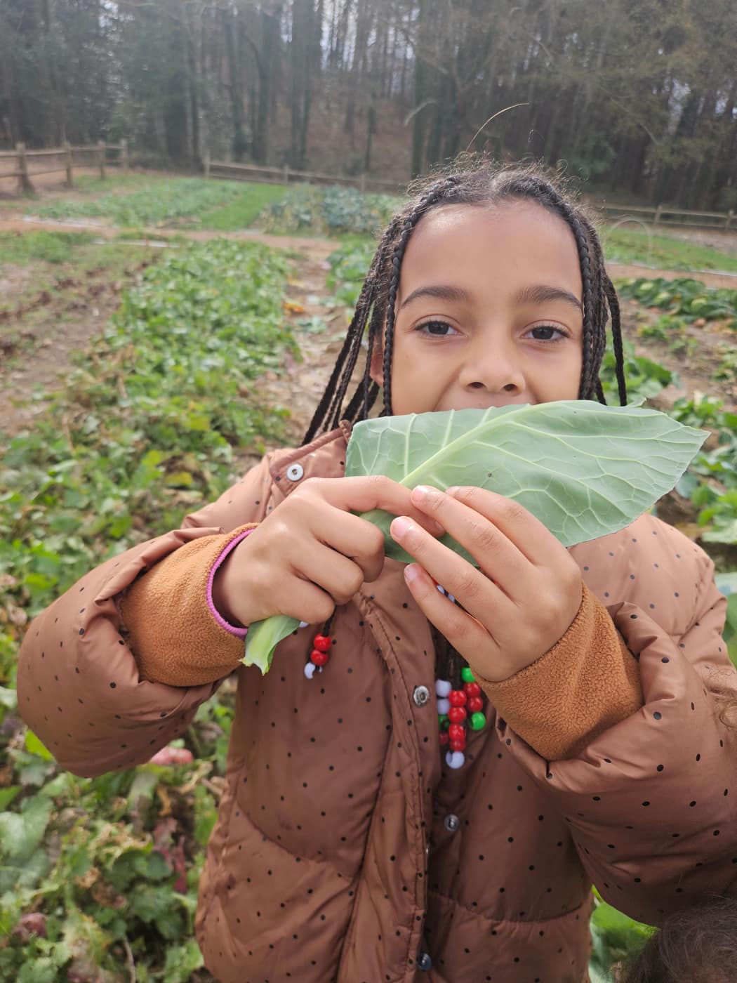 A girl taking a bite out of a collard leaf in the field